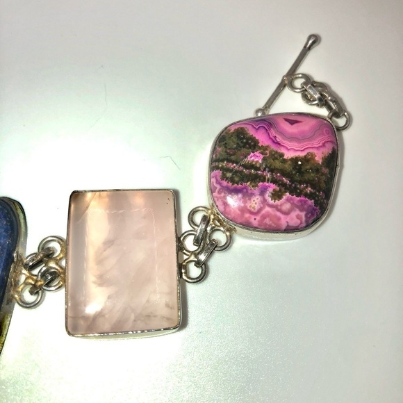 Huge Sterling Rose Quartz Labradorite Lapis Rhodonite Gemstone Bracelet 8” - 9” - Picture 4 of 12